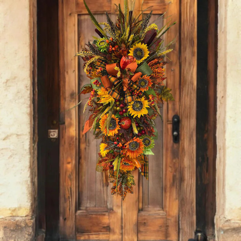 This Fall Front Door Wreath Swag Has Sunflowers, Pumpkins, Autumn Leaves, Cattails, Berries, and ... | Etsy (Global)