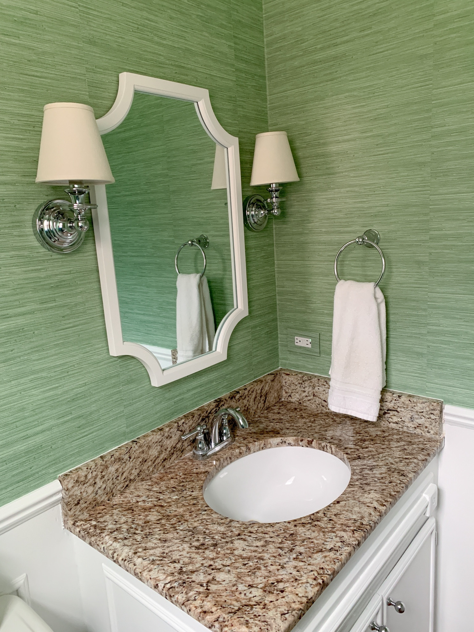 Our powder bath is close to being done!  Need to order a few accessories and have my new shade hung 💚 powder bathroom, sconces, white mirror 

#LTKhome #LTKfindsunder50