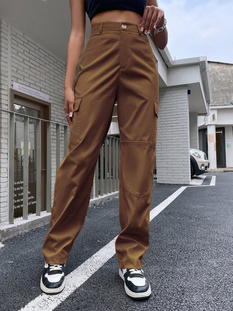 High Waist Flap Pocket Cargo Pants | SHEIN