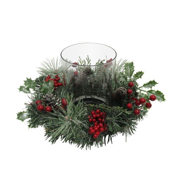 Mainstays Holiday Hurricane Candle Holder with Faux Greenery and Berries, 9.4" x 9.4" x 9" | Walmart (US)