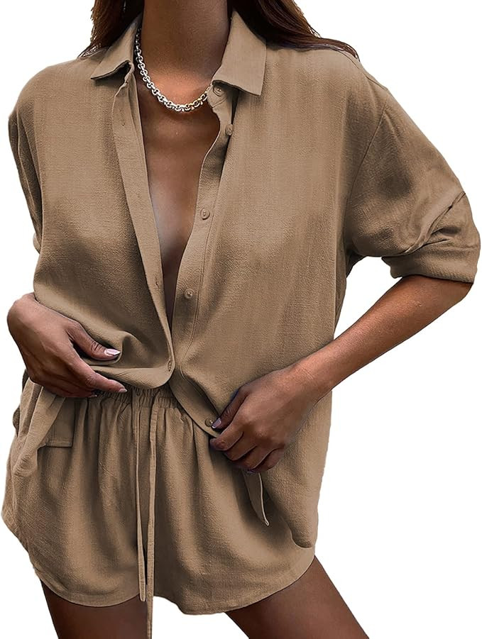 DEEP SELF 2 Piece Outfits for Women Summer Botton Down Long Sleeve Shirt with Shorts Set Casual M... | Amazon (US)