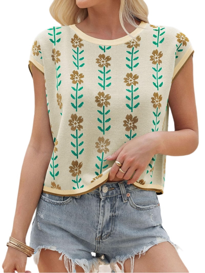 Cap Sleeve Flower Print Women Casual Knit Crop Tops Sweater Vest | Walmart (US)