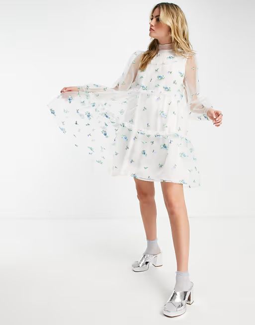 Sister Jane mini smock dress with sheer overlay and embroidered flowers | ASOS (Global)