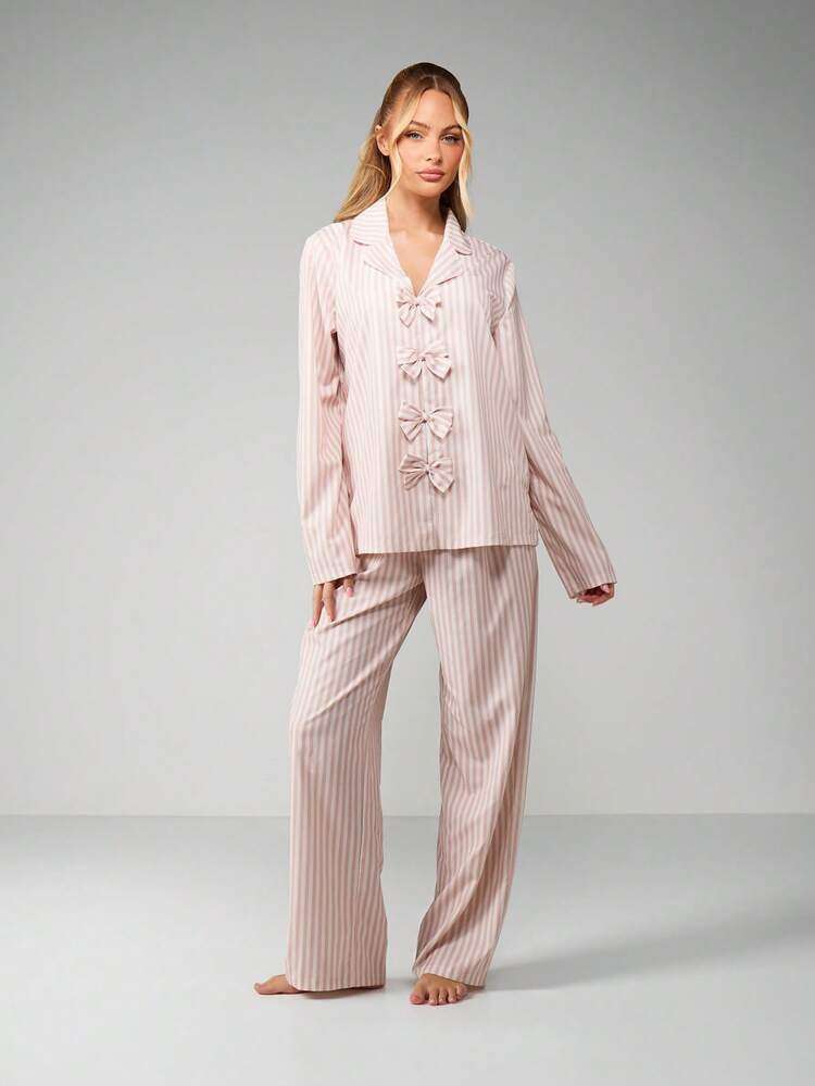 MISSGUIDED Striped Bow Front Pajama Set Long Sleeve Button Up Sleepwear Lounge Comfort Wear | SHEIN