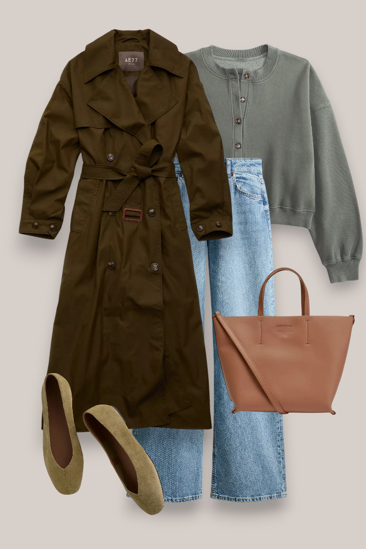 Soft greens and denim are such an easy combination for early autumn. The ballet flats and tan bag keep this trench coat outfit casual but still polished. #trenchcoatoutfit #balletflats #casualchic #autumnfashion 

 #LTKautumn #LTKjeans #LTKstyletip