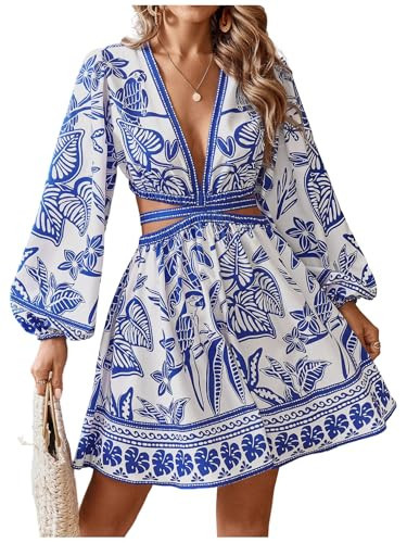 Floerns Women's Tropical Bishop Sleeve Mini Dress Cut Out Tie Back V Neck Beach A Line Dresses Blue Medium | Amazon (US)