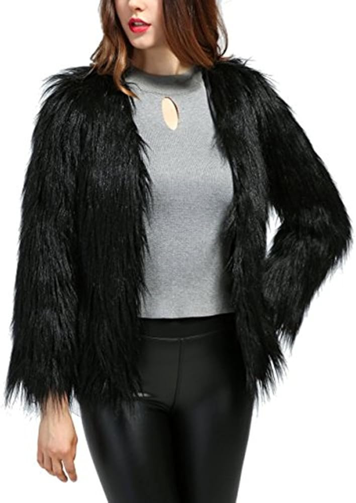 Dikoaina Women's Solid Color Shaggy Faux Fur Coat Jacket | Amazon (US)
