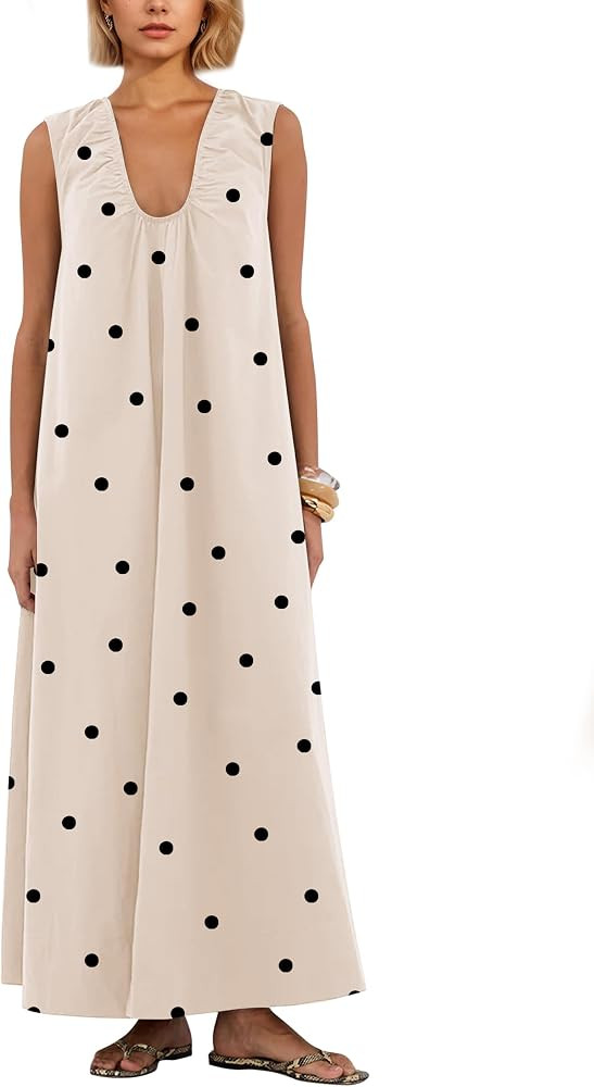 Livtany Women's Scoop Neck Ruched Maxi Dress Flowy Swing Wide Straps Long Dress Casual Sleeveless... | Amazon (US)
