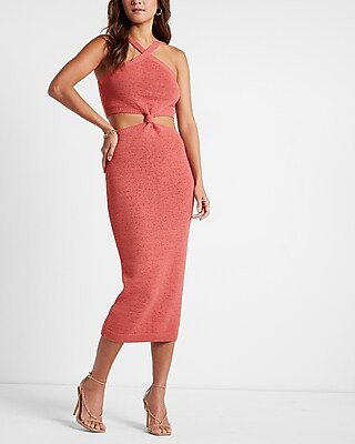 Halter Knot Front Cutout Sweater Midi Dress | Express
