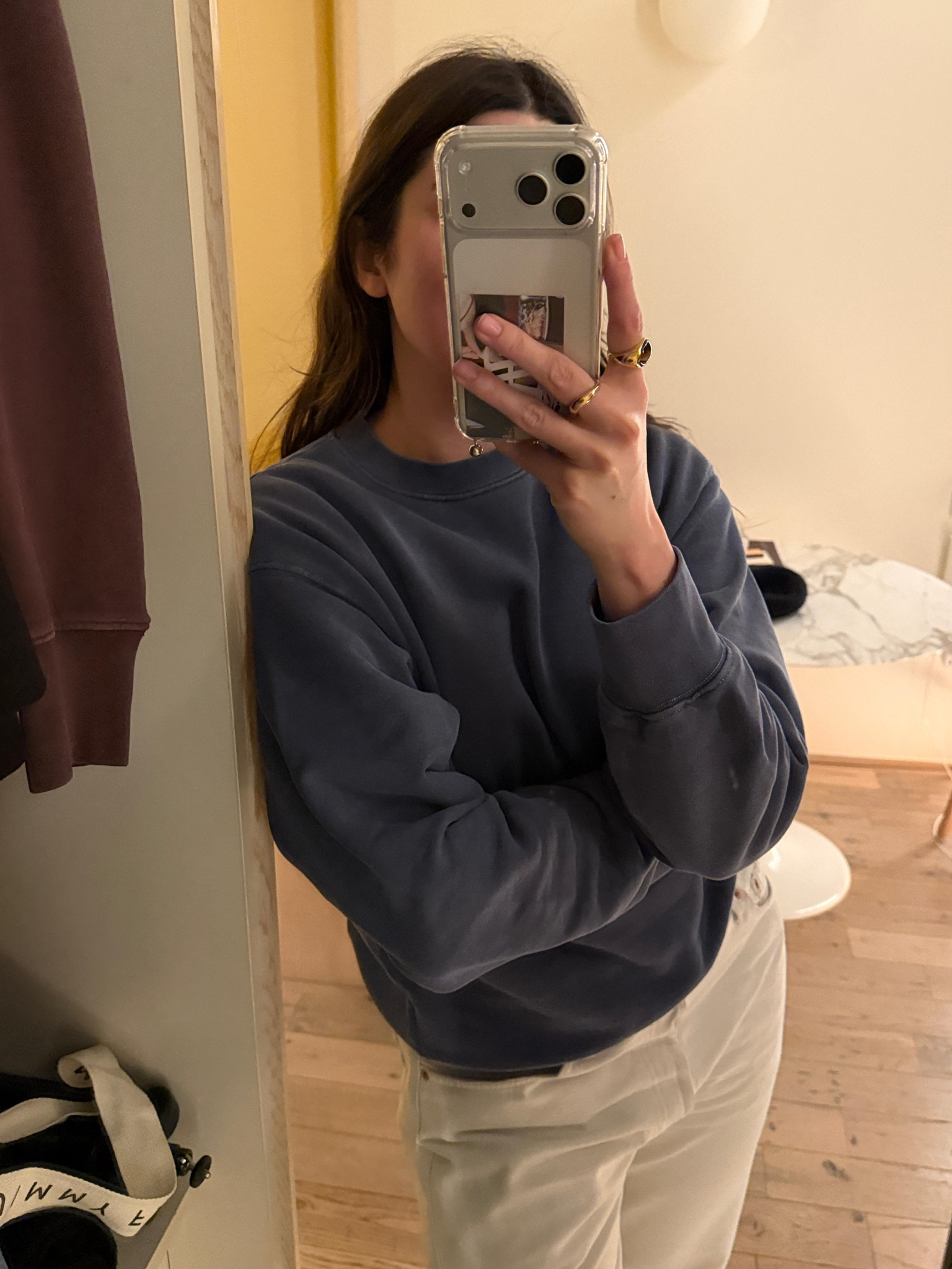 New York spring OOTD, a blue sweatshirt and white jeans

#LTKstyletip #LTKspring