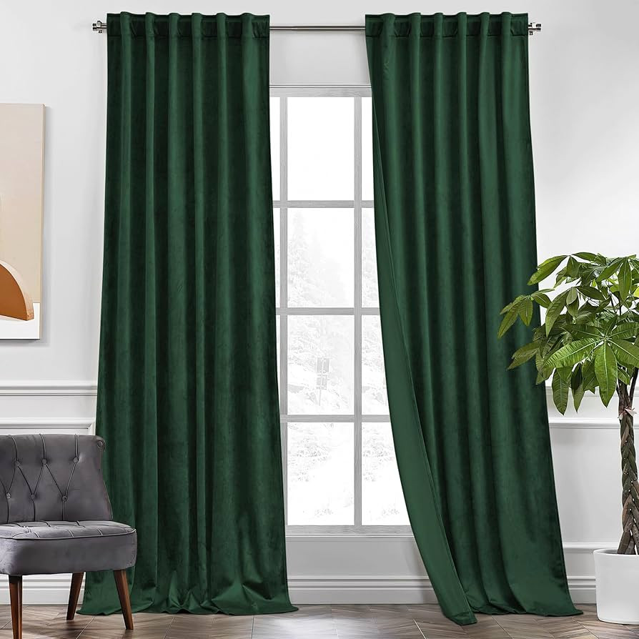 KGORGE Green Velvet Curtains 102 inches 2 Panels, Room Darkening Thermal Insulating Window Drapes... | Amazon (US)