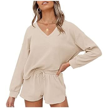 Women's Long Sleeve Pajama Set Henley Knit Tops and Shorts Sleepwear Loungewear | Amazon (US)