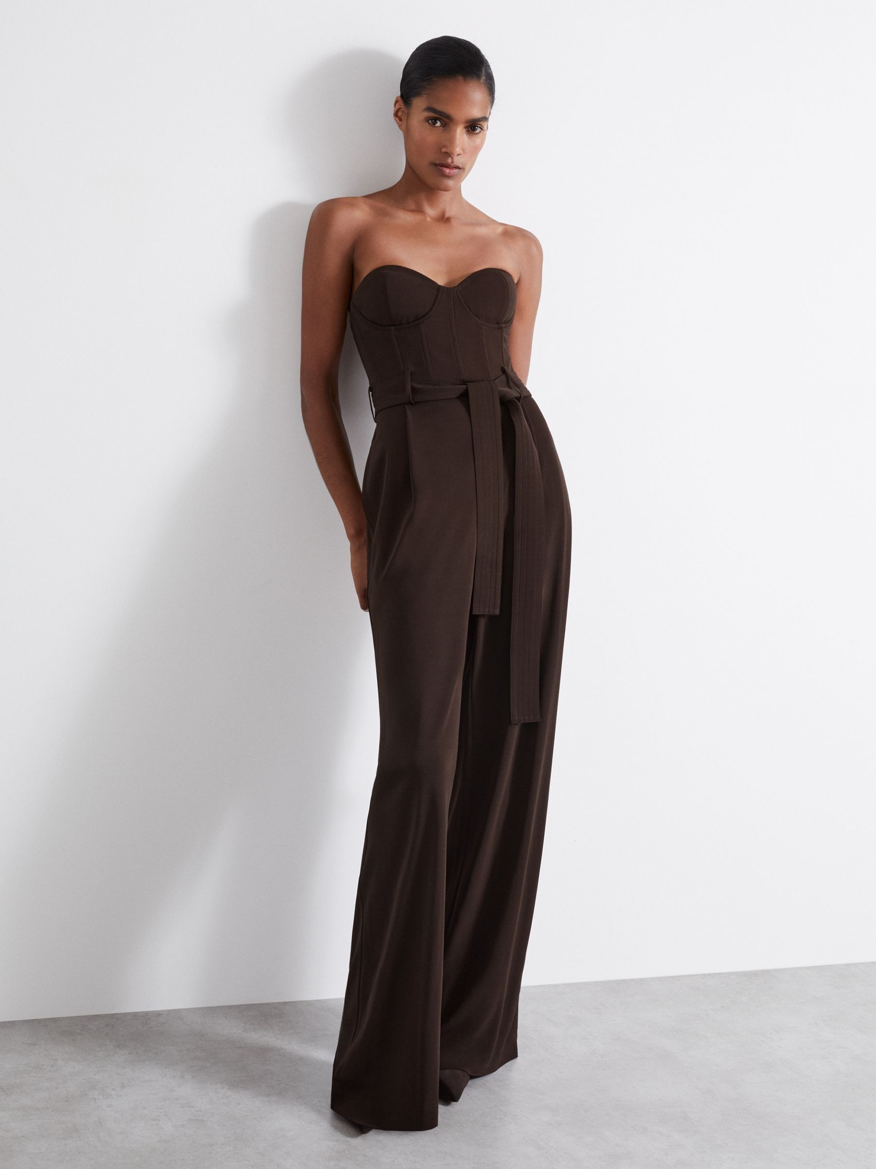 Reiss Atelier Strapless Crepe Bustier Jumpsuit in Chocolate - REISS | Reiss UK