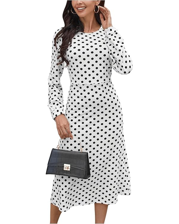 MakeMeChic Women's Polka Dots Dress Long Sleeve High Waist A Line Midi Dresses | Amazon (US)