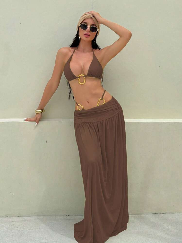 Swim SXY 3pcs/Set Glossy Fabric Solid Color Triangle Halter Sexy, Elegant Vacation Bikini Swimsuit Set With Asymmetrical Metal Ring And Maxi Mesh Beach Dress For Women For Summer | SHEIN