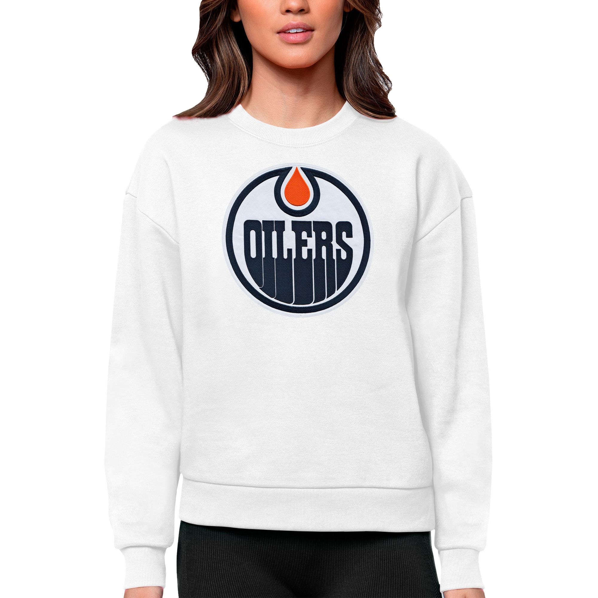Edmonton Oilers Antigua Women's Team Logo Victory Crewneck Pullover Sweatshirt - White | Fanatics