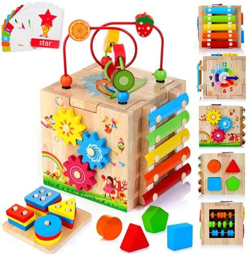 Wooden Activity Cube, 8-in-1 Montessori Baby Toys for 1+ Year Old Boys & Girls, Educational Learn... | Amazon (US)