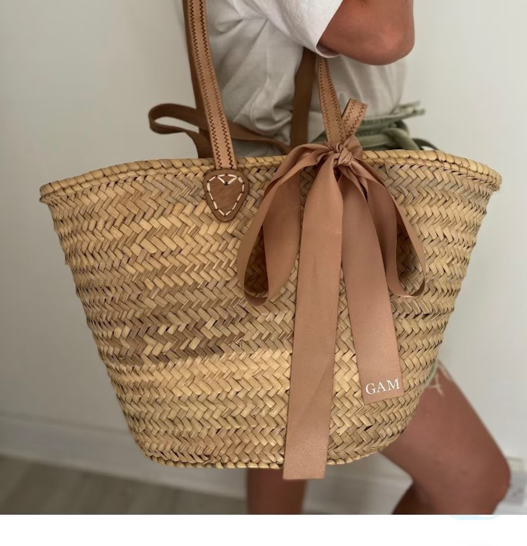 Double Handle Straw Basket Bag. Bridal Hen Holiday Honeymoon - Etsy | Etsy (US)