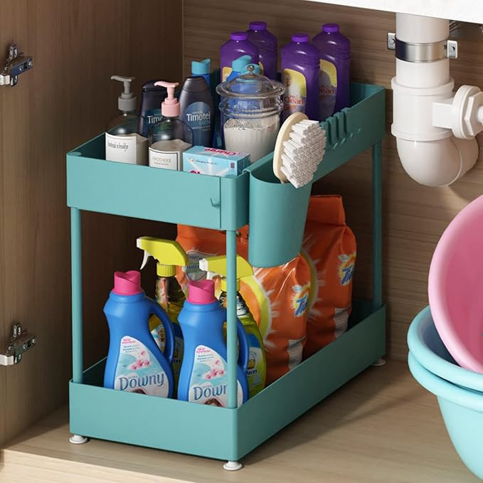 Under Sink Organizer, Under Bathroom Cabinet Storage 2 Tier Under Sink Storage Rack with 6 Hooks,... | Amazon (US)