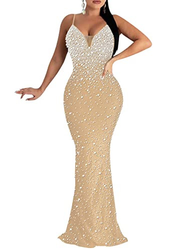 Lrady Womens Elegant Glitter Rhinestones Sexy Party Bodycon Wedding Formal Evening Cocktail Long Dresses, Khaki, XX-Large | Amazon (US)