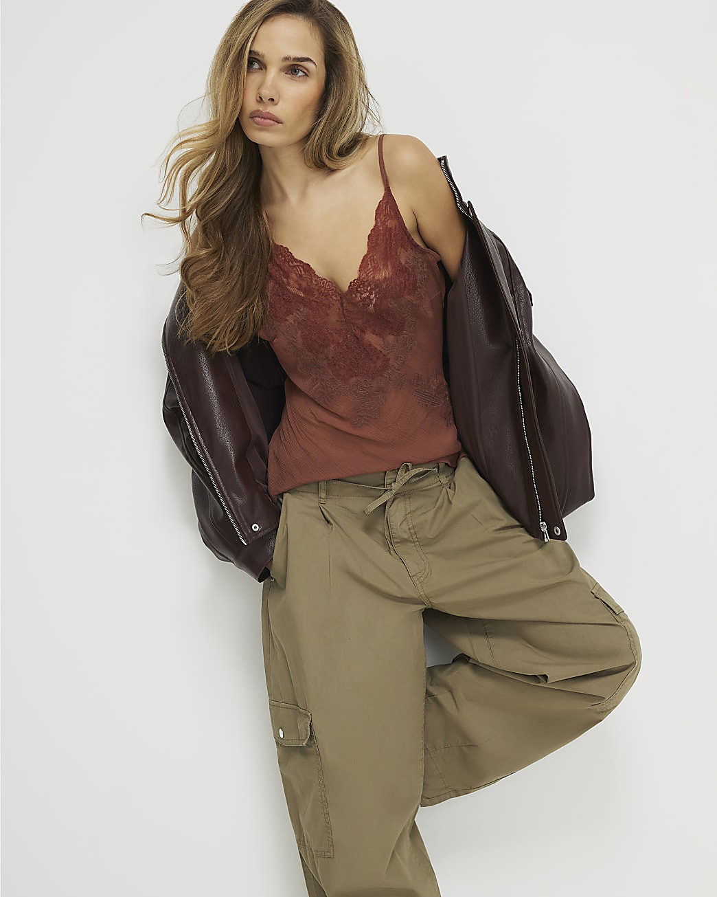 Khaki Barrel Leg Cargo Trousers | River Island UK & IE