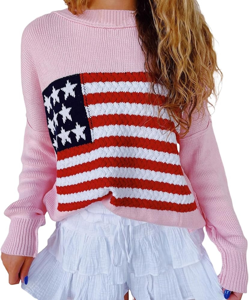 Adoeren Women American Flag Sweater Vintage Long Sleeve Crewneck Knitted Jumper Oversized Aesthet... | Amazon (US)