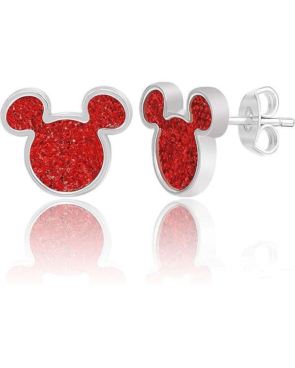 Disney Mickey Mouse Earrings - Silver Plated Mickey Mouse Stud Earrings with Red Glitter - Disney... | Amazon (US)