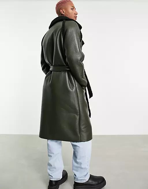 ASOS DESIGN faux leather trench coat with borg lining in khaki | ASOS (Global)