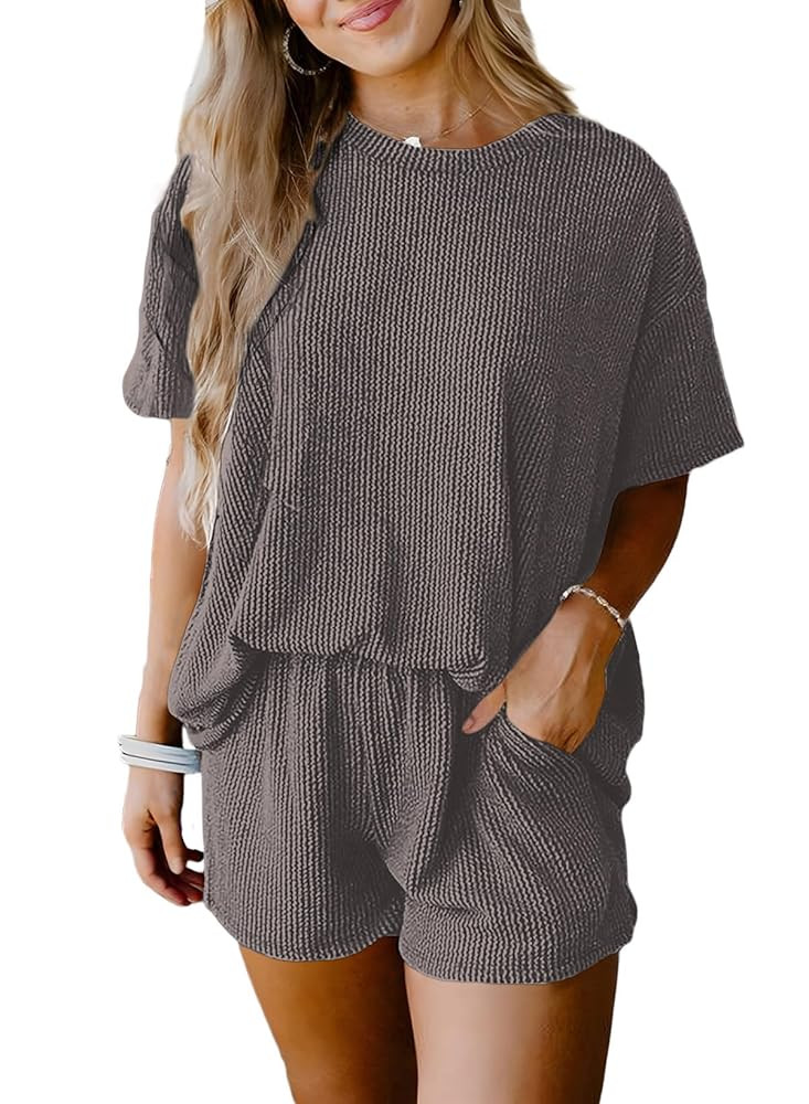 SHEWIN Two 2 Piece Sets for Women Short Sleeve Shirts High Waisted Shorts with Pockets Pajamas Lo... | Amazon (US)