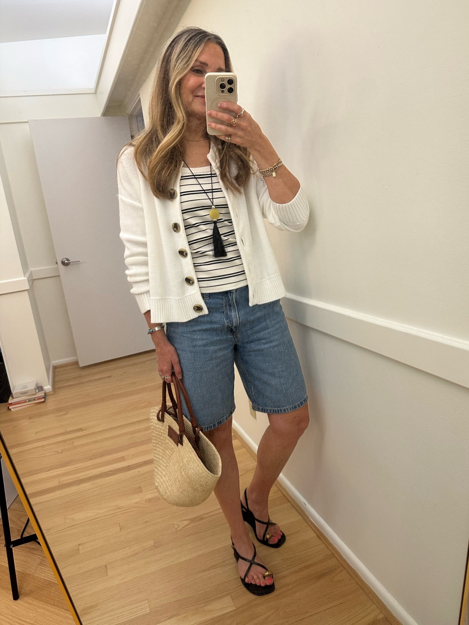 Outfit of the day!☀️
Loving the ease of longer denim shorts! These are @abercrombie and I’ve also linked similar. Styled with the perfect summer cardigan from @Quince and a great striped tank from @Spanx , code LSWXSPANX in first time purchases. 

I’m 5’6” and wear xs in tank, small in cardigan and 4/26 in shorts.

#LTKootd #LTKOver40 #LTKgrwm