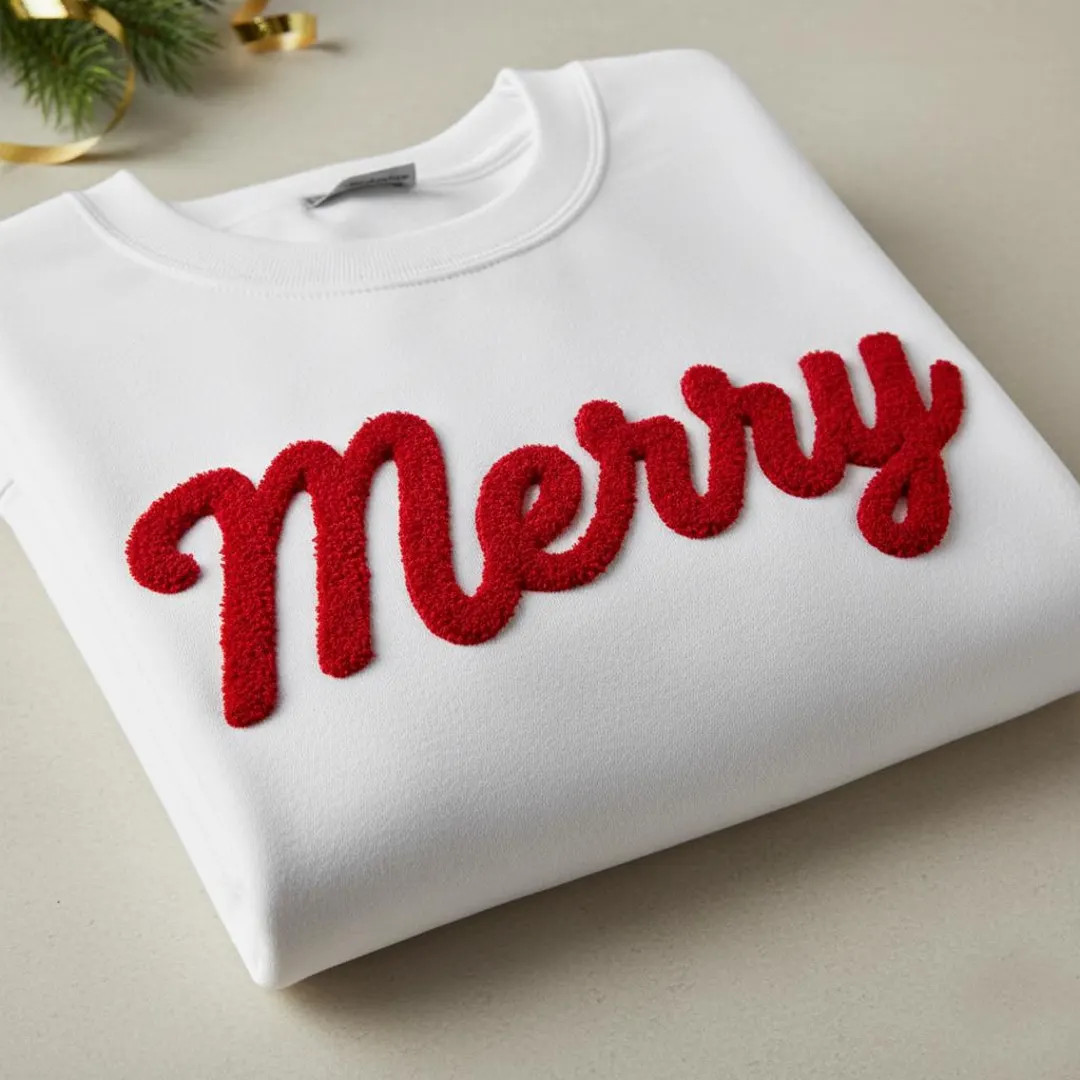 Merry Chenille Christmas Sweatshirt – Festive Holiday Script Pullover in Red & White | Etsy (US)