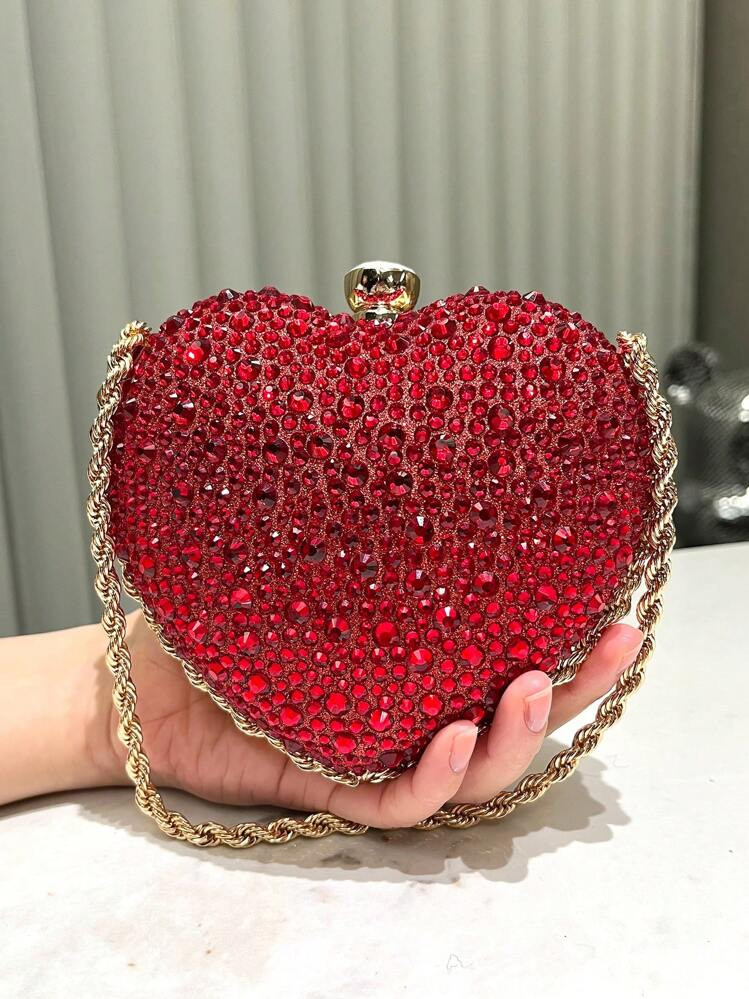HCBCBY Clutch Bag For Banquet And Formal Occasion, Red Heart Shaped Rhinestone Decor Evening Bag Fashion Handbag With Metal Chain Strap For Women To Be Used As Shoulder/Crossbody Bag For Party, Dance, Wedding., Perfect Valentine's Day Gift For Her, Best Valentine's Gift Choice Ever Valentines, Fashionable Heart Purse, Perfectly Match With Valentine's Day Dress | SHEIN