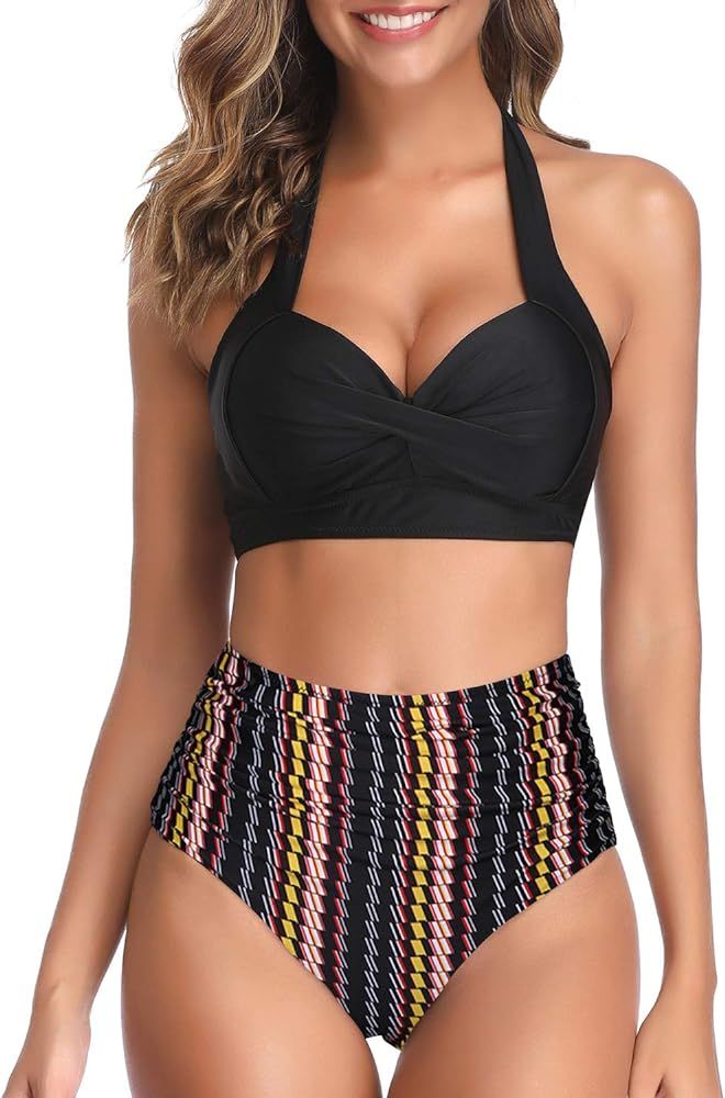 Tempt Me Women Vintage Swimsuit Two Piece Retro Halter Ruched High Waist Bikini | Amazon (US)