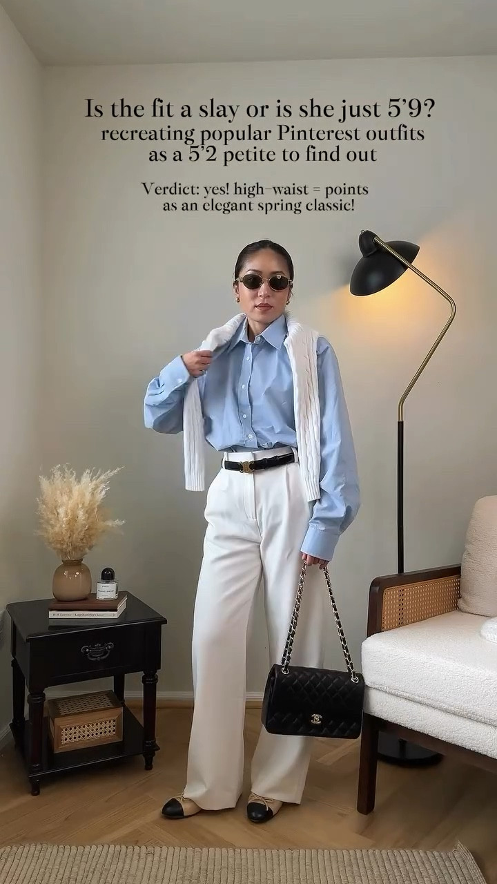🖤 short girl tip! I actually recommend taking it a step BACK and remove or trade at least one of the obviously branded items like the Celine belt, sunglasses, or Chanel bag or flats! This would even out the already elegant fit and not make it so “tacky” give or take. Proportion-wise however, it’s hard to go wrong with a spring classic! I love that these beautiful Pinterest ladies used spring classics like the blue button up shirt and white denim! This outfit is classic spring in a bottle 🤍 I imagine wearing this on a spring stroll around Jardin du Palais Royal 🫶🏼 

🔗 Outfit specifics always linked in bio → LTK @amandacapsulewardrobe
⸻

#recreatingpinterestoutfits #oldmoneyoutfits #pintereststyle #shortgirlstyle #capsulecloset recreating Pinterest outfits, recreating popular Pinterest style, recreating influencer outfits, is it the outfit or is she just tall, Pinterest outfit inspiration, elegant style, capsule closet inspiration, how to style a button up top, how to style white jeans, chic outfit inspo, transitional weather outfit ideas, Chanel ballet flats outfits, Pinterest outfit inspo, short girl styles, petite styling, 5’2” height, timeless outfit ideas