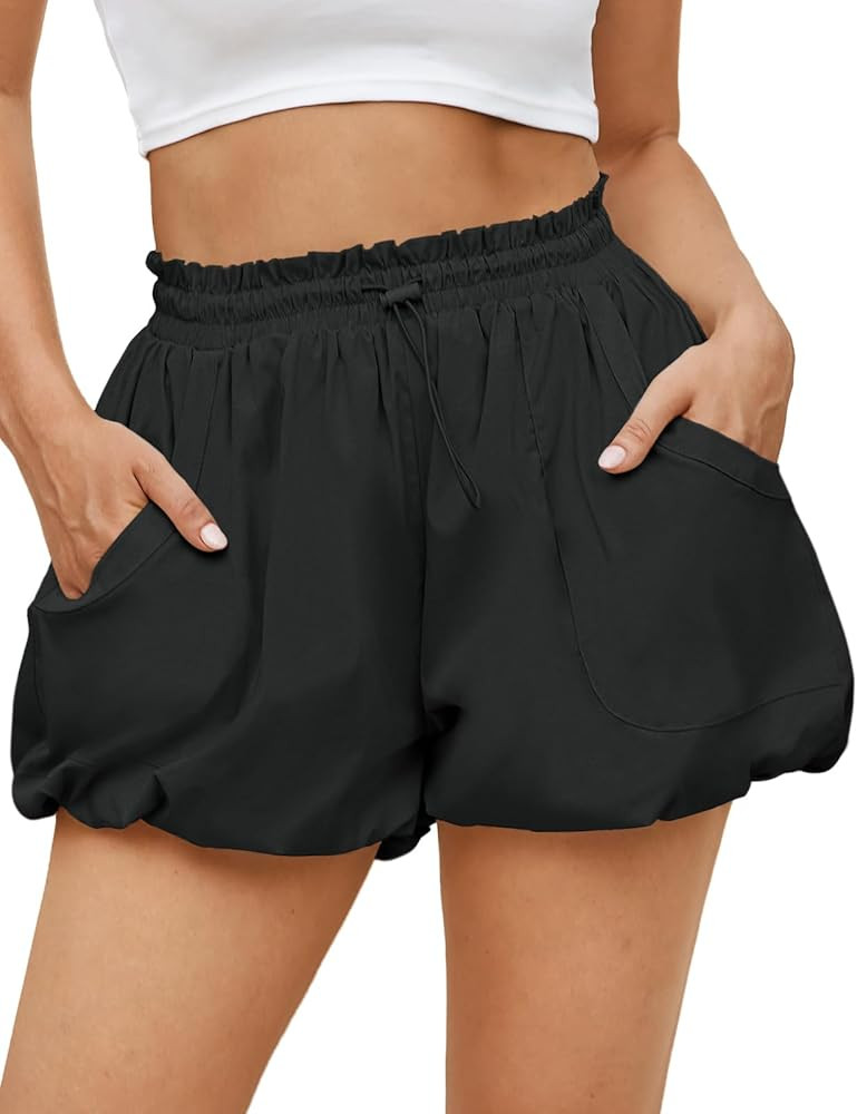 Fisoew Womens Summer Bubble Shorts Casual High Waisted Workout Puffy Shorts with Pockets | Amazon (US)