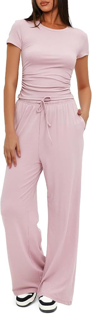 Darong Women's 2 Piece Set Outfits Lounge Sets Ruched Short Sleeve Tops High Waisted Wide Leg Pan... | Amazon (US)