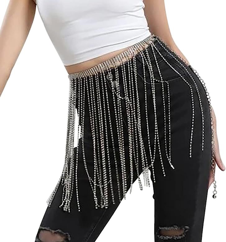 Ayliss Women Dress Belt Chain Full Rhinestone Crystal Fringe Belly Waist Belt Glitter Sparkly Dan... | Amazon (US)
