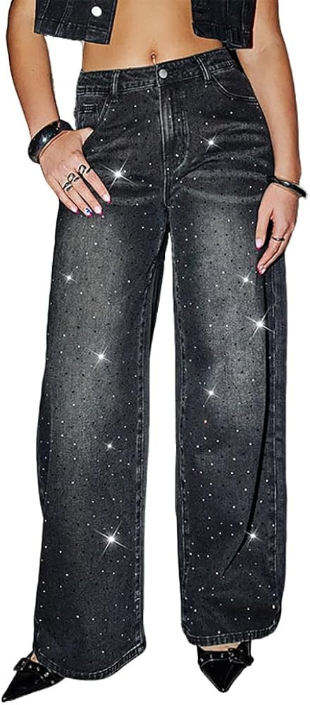 Womens High Waisted Rhinestone Jeans Straight Chic Wide Leg Bling Black Denim Pants Teen Girls Lo... | Amazon (US)