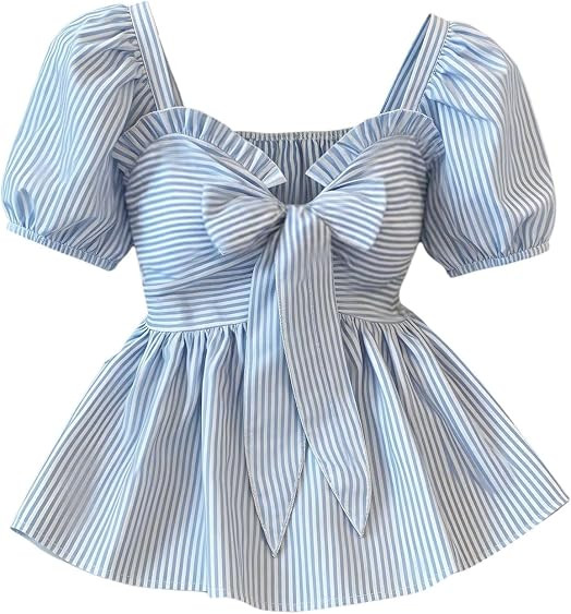 Verdusa Women's Striped Peplum Blouse Puff Sleeve Bow Front Casual Tops | Amazon (US)