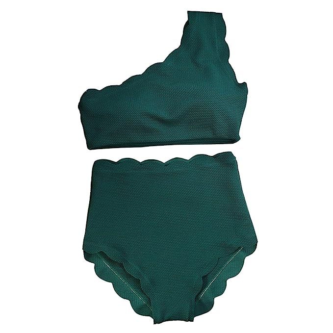 Women Vintage High Waisted Swimsuit Two Pieces Scalloped Trim One Shoulder Bikini Bathing Suit | Amazon (US)