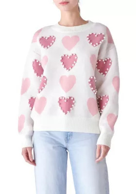 ENGLISH FACTORY Women's Pearl with Heart Pattern Sweater | Belk