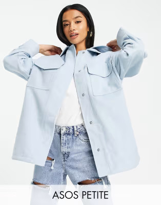 ASOS DESIGN Petite hooded brushed shacket in baby blue | ASOS | ASOS (Global)