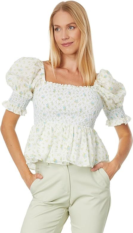 English Factory Smocked Floral Puff Sleeve Top Blue Multi SM | Amazon (US)