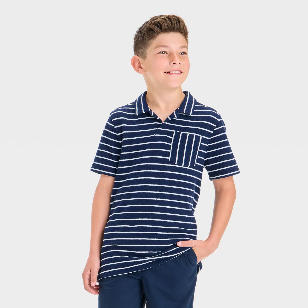 Boys' Short Sleeve 4th of July Striped Resort Terry Shirt - Cat & Jack™ Navy Blue/White | Target