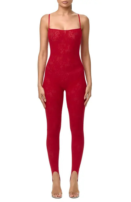 Naked Wardrobe Lace Stretch Lace Stirrup Jumpsuit in Ruby Red at Nordstrom, Size Small | Nordstrom
