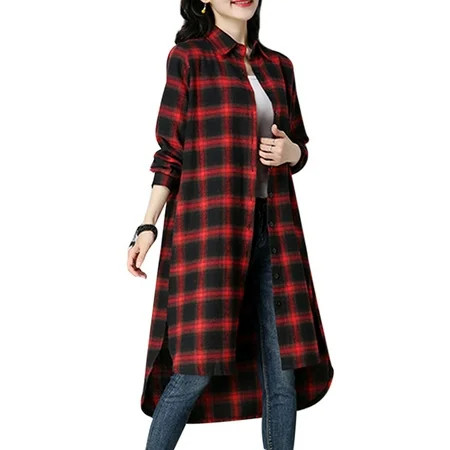 Women Casual Mid-Long Boyfriend Buffalo Plaid Flannel Shirt Long Sleeve Loose Button Down Plaid Shir | Walmart (US)