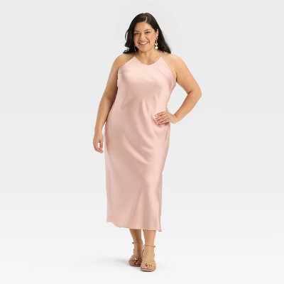 Women's Satin Halter Maxi Slip Dress - A New Day™ Light Pink 1X | Target
