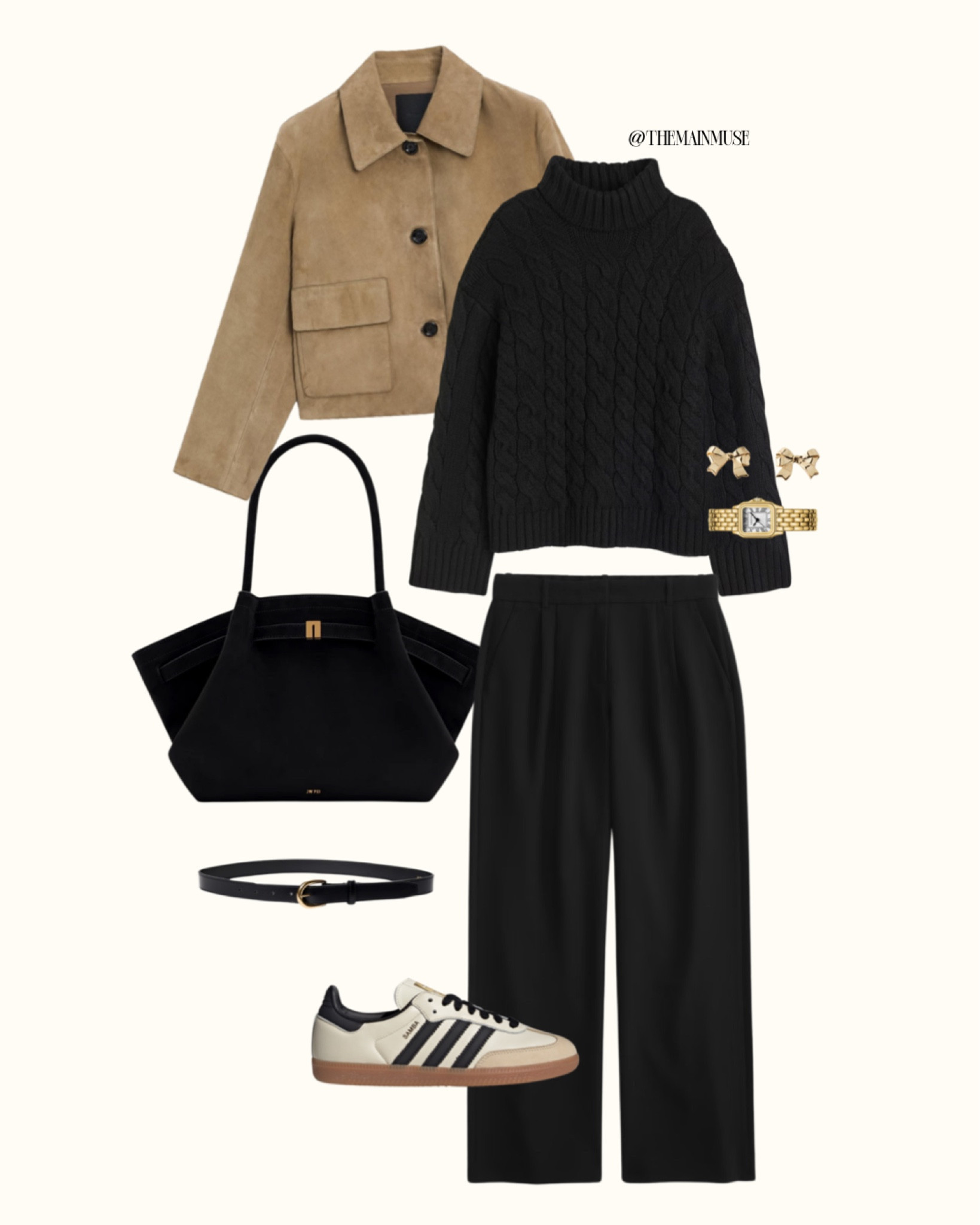 Jacket:
Beige suede jacket, cropped utility jacket, tailored suede outerwear, camel-toned short jacket, button-front cropped coat, structured tan jacket, minimalist suede coat, neutral-tone outerwear, lightweight fall jacket, polished cropped jacket.

Sweater:
Black cable-knit turtleneck, chunky knit sweater, cozy turtleneck sweater, textured black knitwear, classic black office sweater, oversized turtleneck knit, warm black pullover, ribbed cable-knit sweater, high-neck textured sweater, comfy black office top.

Pants:
Black wide-leg trousers, tailored office pants, high-waisted black workwear pants, flowy black work trousers, cropped black office slacks, minimalist wide-leg pants, structured black work trousers, chic pleated pants, polished office-friendly trousers, relaxed fit black slacks.

Bag:
Black suede tote bag, structured office handbag, designer trapeze tote, minimalist work bag, sleek black shoulder bag, professional tote bag, luxury black handbag, work-appropriate black tote, sophisticated large bag, versatile office bag.

Shoes:
Adidas Samba sneakers, retro-style white sneakers, beige and black casual sneakers, sporty office-appropriate shoes, black and white trainers, neutral-tone sneakers, comfy office sneakers, sporty chic work shoes, gum sole sneakers, timeless casual shoes.

Accessories:
Thin black leather belt, gold buckle belt, minimalist waist belt, classic leather belt, dainty gold stud earrings, bow-shaped earrings, gold bracelet watch, luxury gold wristwatch, everyday gold jewelry, polished office accessories.

Office outfit inspiration, business casual look, trendy workwear ideas, stylish office attire, comfortable office wear, chic professional outfits, what to wear to the office, polished workwear outfit, smart casual office look, modern work style, everyday office fashion, workwear staples, office capsule wardrobe ideas.

#LTKfindsunder100 #LTKfindsunder50 #LTKstyletip