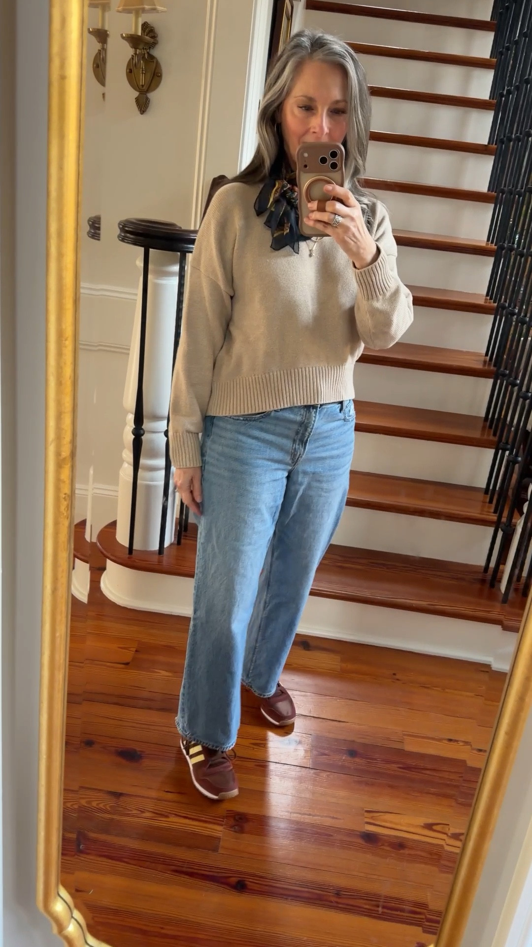 This Quince cotton crewneck sweater is so comfy and spans the seasons! I am wearing a small. It is slightly cropped which I love with these higher waist jeans from American Eagle. Jeans are 8 short. Order true size in this style of Adidas sneaker. I typically size up 1/2 size in smeakers but no need with these! Jeans run slightly large. My scarf is about 30 years old, but I’ve linked other scarves that I own and love. I’m a scarf girlie! 


#LTKOver40 #LTKmomlife #LTKootd