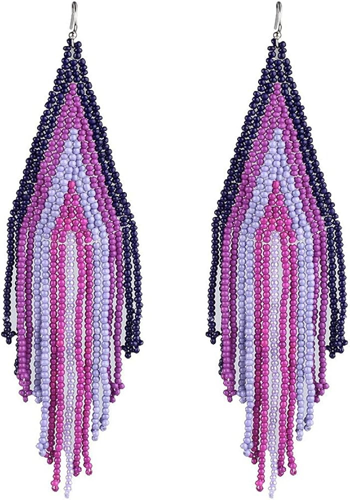 Luluping Long Beaded Tassel Earrings - Big Bohemian Statement Native Beaded Fringe Dangle Earrings f | Amazon (US)